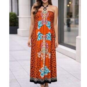 Y2K Orange Animal Print Strapless‎ Maxi Dress Floral Cheetah Hawaiian Stretch 1X